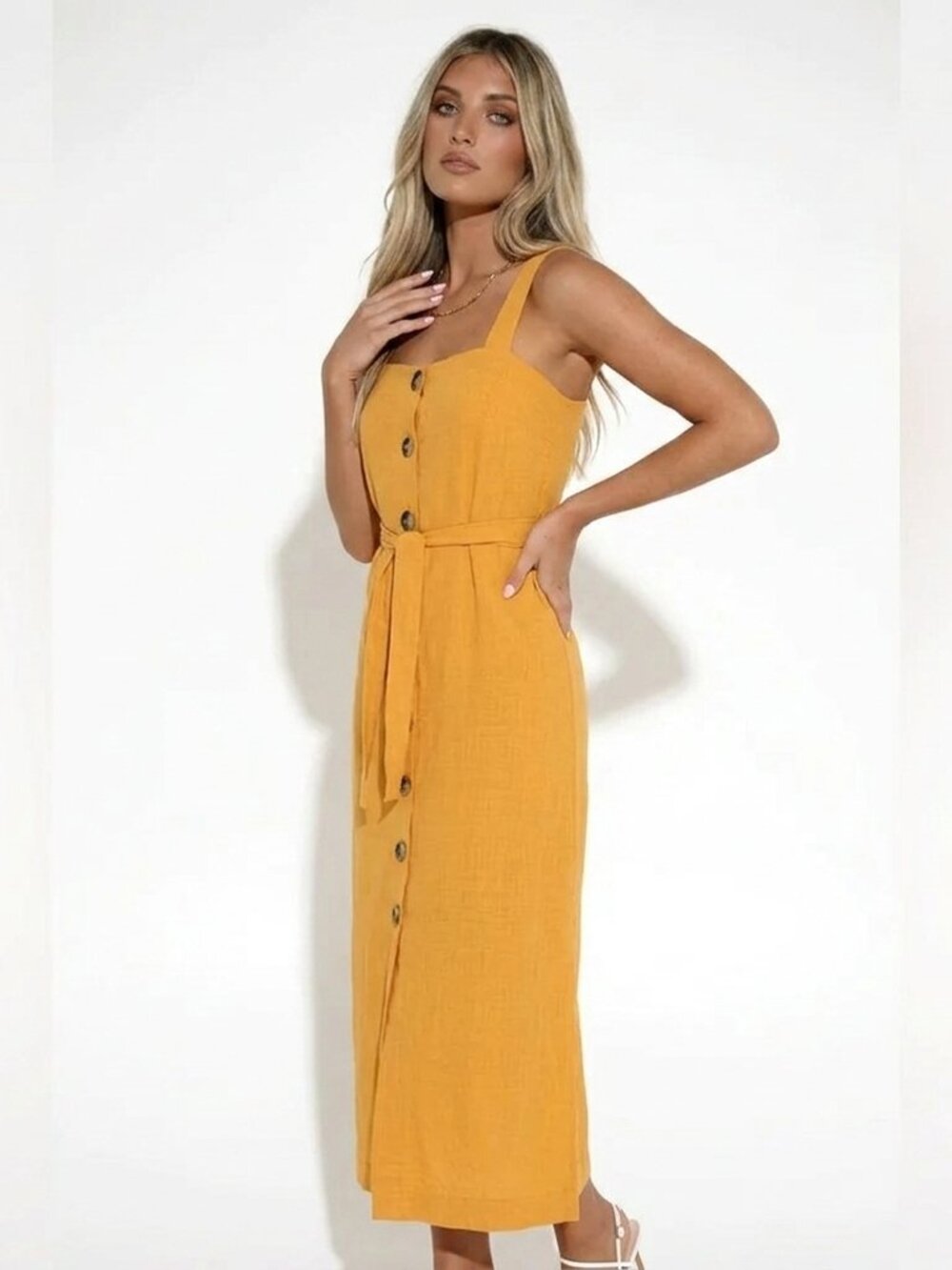 Lost in Lunar Mango Yellow Orange Cotton Gauze Button Front Midi Sundress